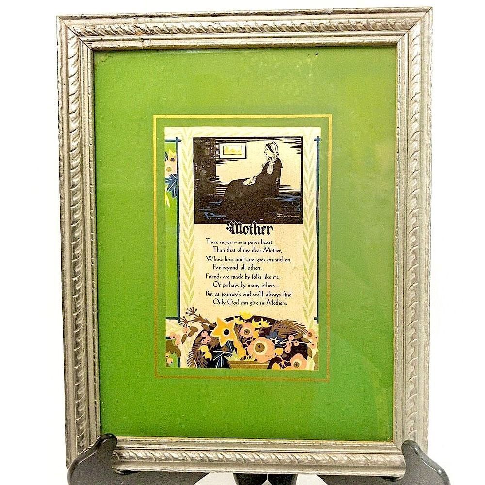 Mother’s Poem Antique 1930 Framed Art Print Litho with Whistler’s Mother